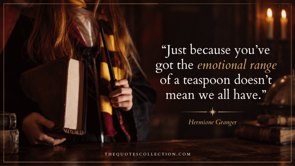 Hermione Granger quote graphic about emotional range, with a wand, book, and warm magical library background.