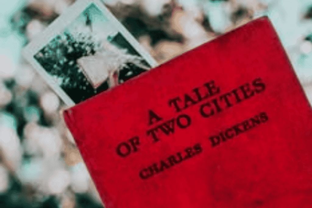 Red copy of A Tale of Two Cities by Charles Dickens with a vintage photograph tucked inside.