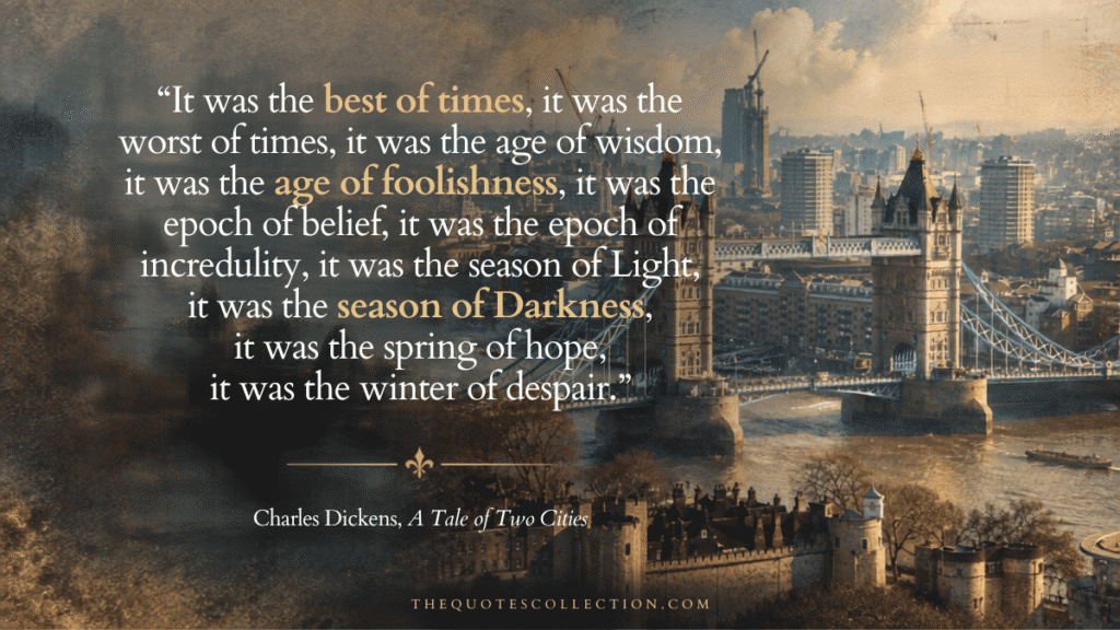A Tale of Two Cities quote graphic featuring Tower Bridge in a vintage sketch style with Charles Dickens’ famous best of times opening line.