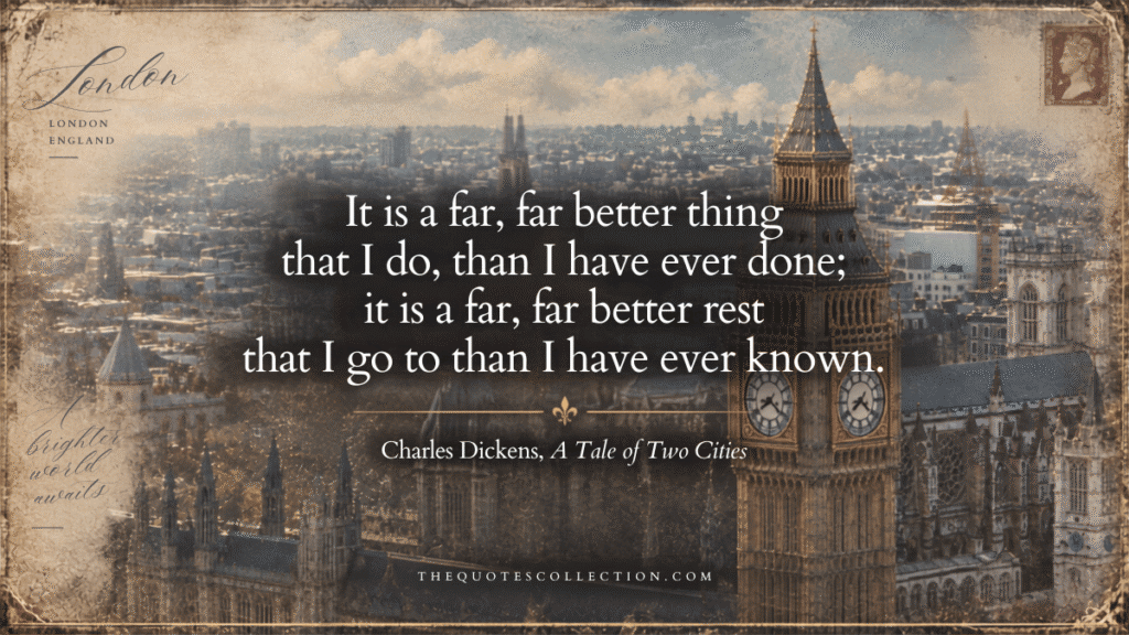 A Tale of Two Cities quote graphic featuring Big Ben and the London skyline with Charles Dickens’ far, far better thing quote.