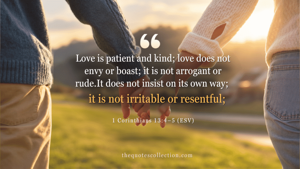 Couple holding hands at sunset with 1 Corinthians 13:4โ5 verse about patient and kind love