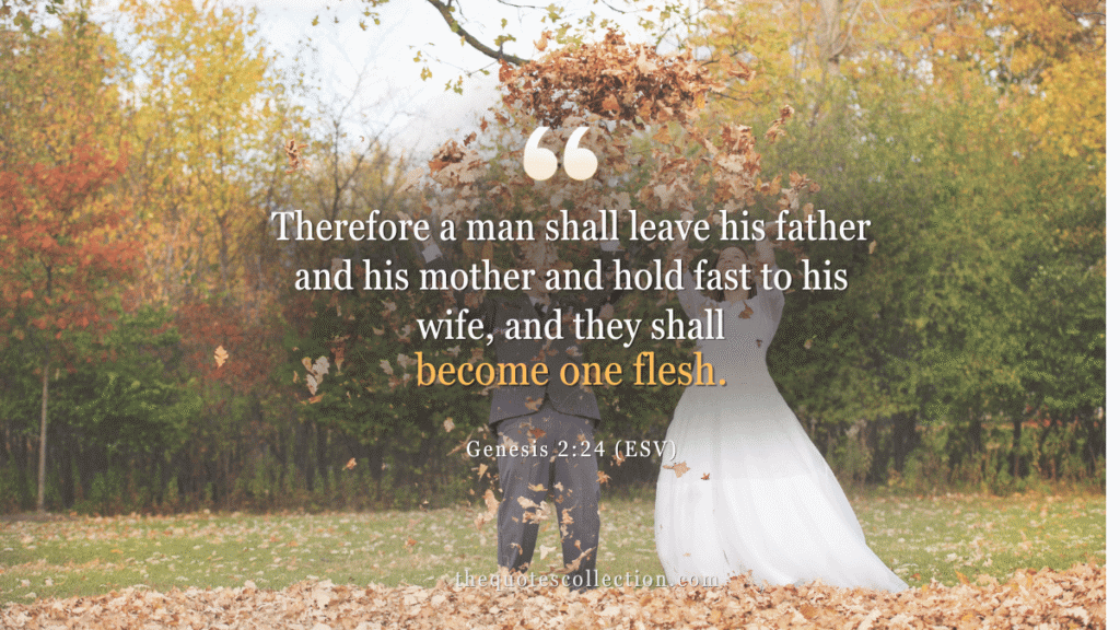 Bride and groom standing together in autumn leaves with Genesis 2:24 verse about becoming one flesh