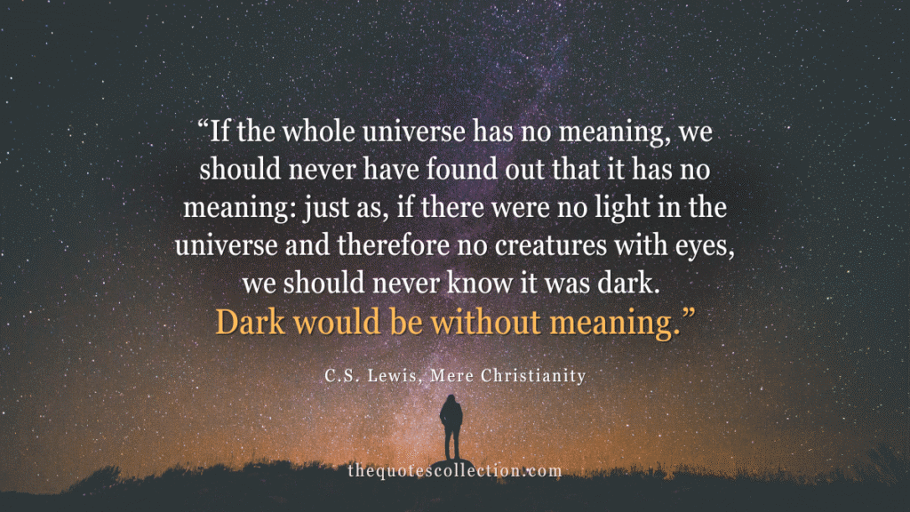 Mere Christianity quotes graphic featuring C.S. Lewis’s line about meaning and darkness beneath a star-filled night sky.