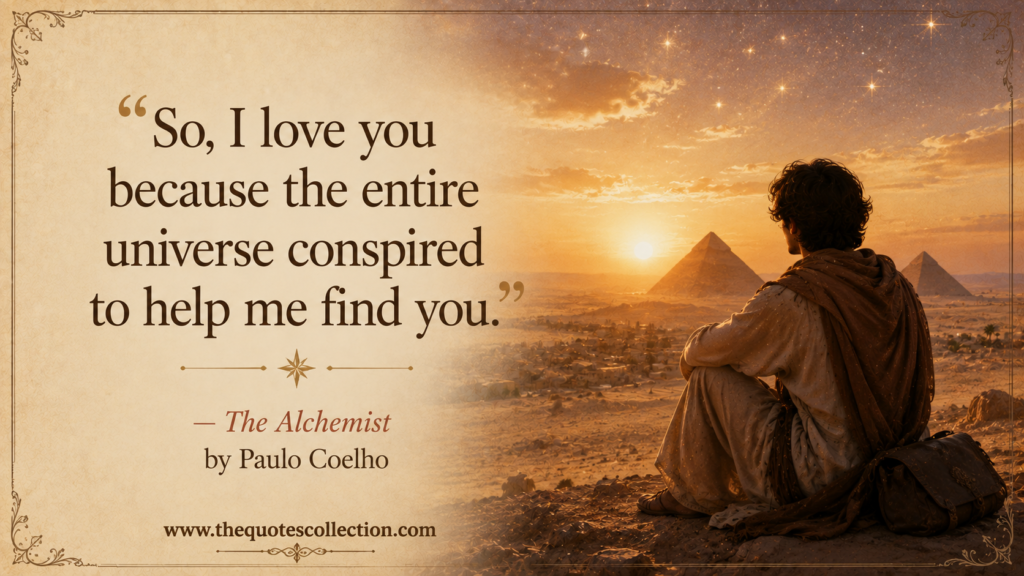 The Alchemist romantic quote graphic with desert traveler, pyramids, golden sunset, and dreamy universe-inspired atmosphere
