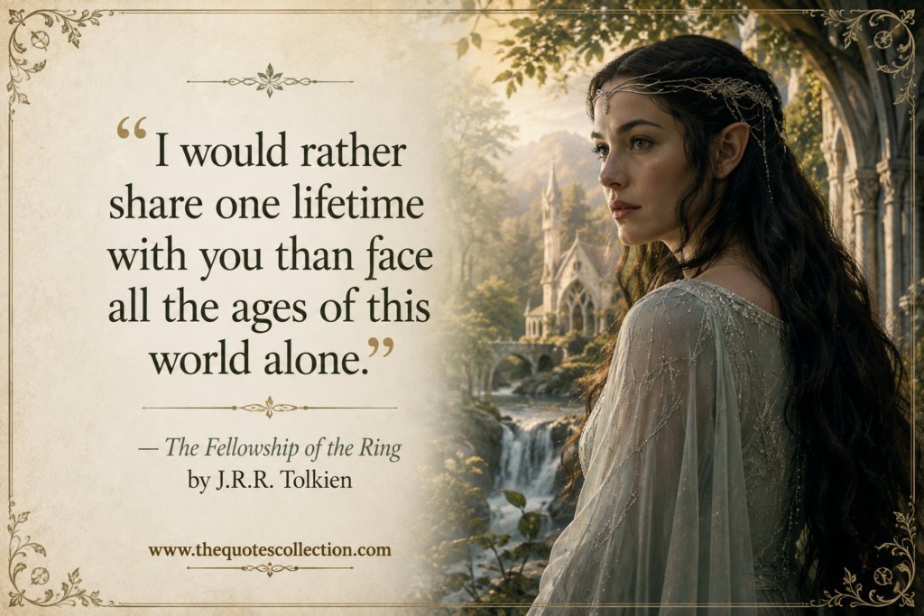 Fellowship of the Ring quote graphic with elf woman, Rivendell-inspired landscape, waterfalls, and fantasy romance mood