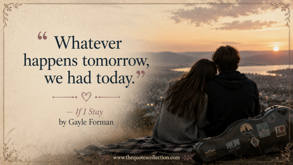 If I Stay quote graphic with young couple overlooking sunset, city lights, and music case in romantic scene