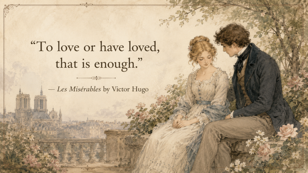 Les Misérables romantic quote graphic with young couple in Paris garden and soft vintage illustration style