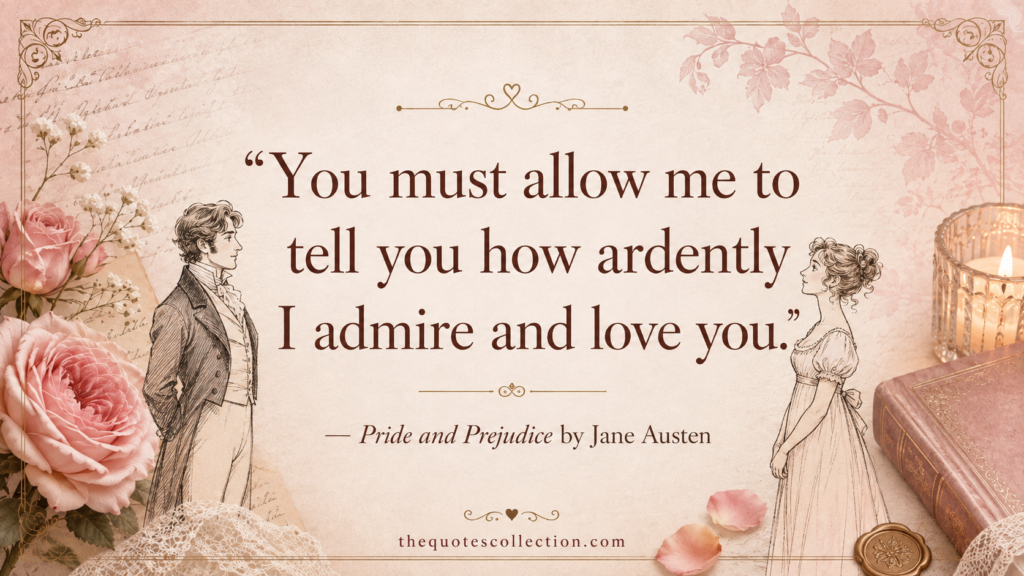 Romantic Pride and Prejudice quote graphic with Regency couple sketch, roses, books, and vintage parchment design