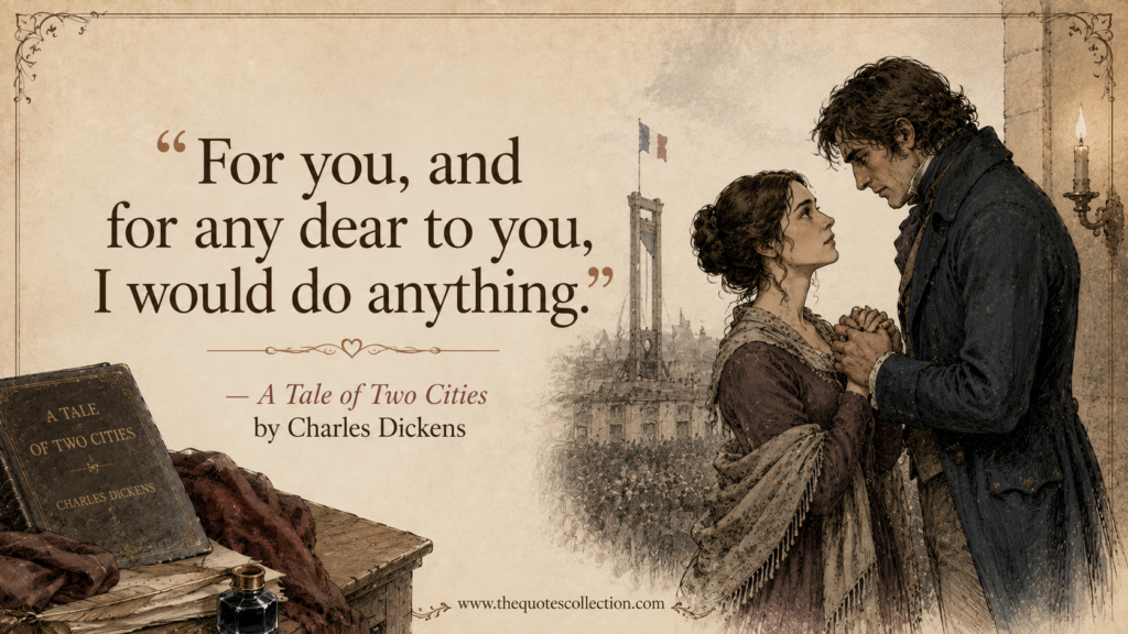 A Tale of Two Cities romantic quote graphic with Dickensian couple, candlelight, and revolutionary Paris scene