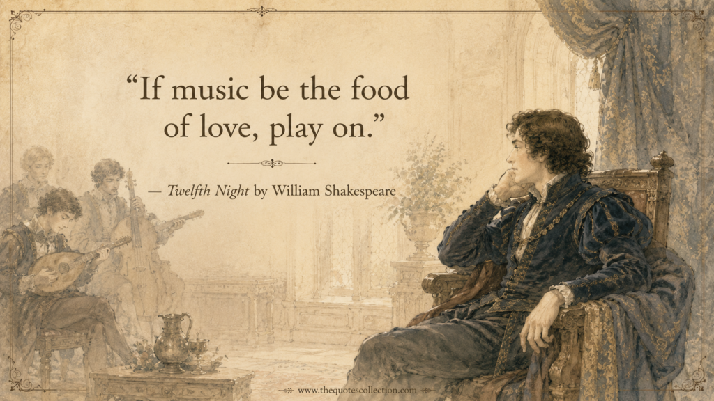 Twelfth Night quote graphic with musician scene, seated nobleman, ornate border, and aged parchment background