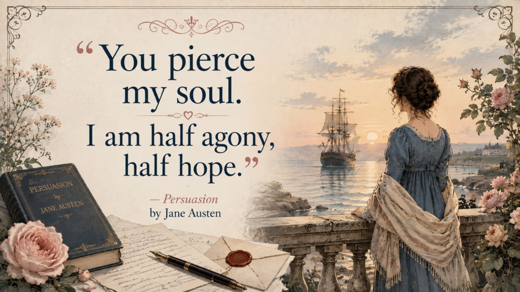 Persuasion quote graphic with Regency woman, seaside view, sailing ship, letter, and vintage romantic design