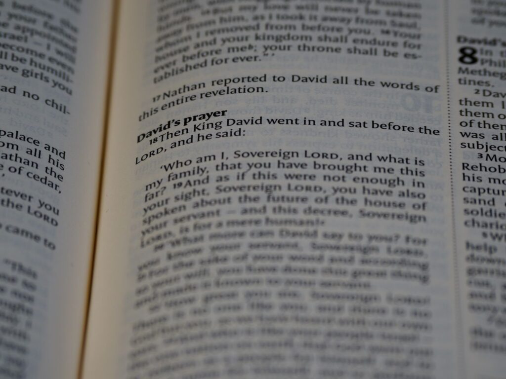 Close-up of an open Bible featuring text from the Old Testament, focusing on David's prayer.