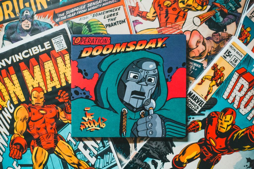Assortment of classic hero comic book covers featuring Doctor Doom and Iron Man