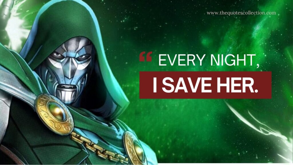 Illustrated Doctor Doom quote graphic about him saving his mother
