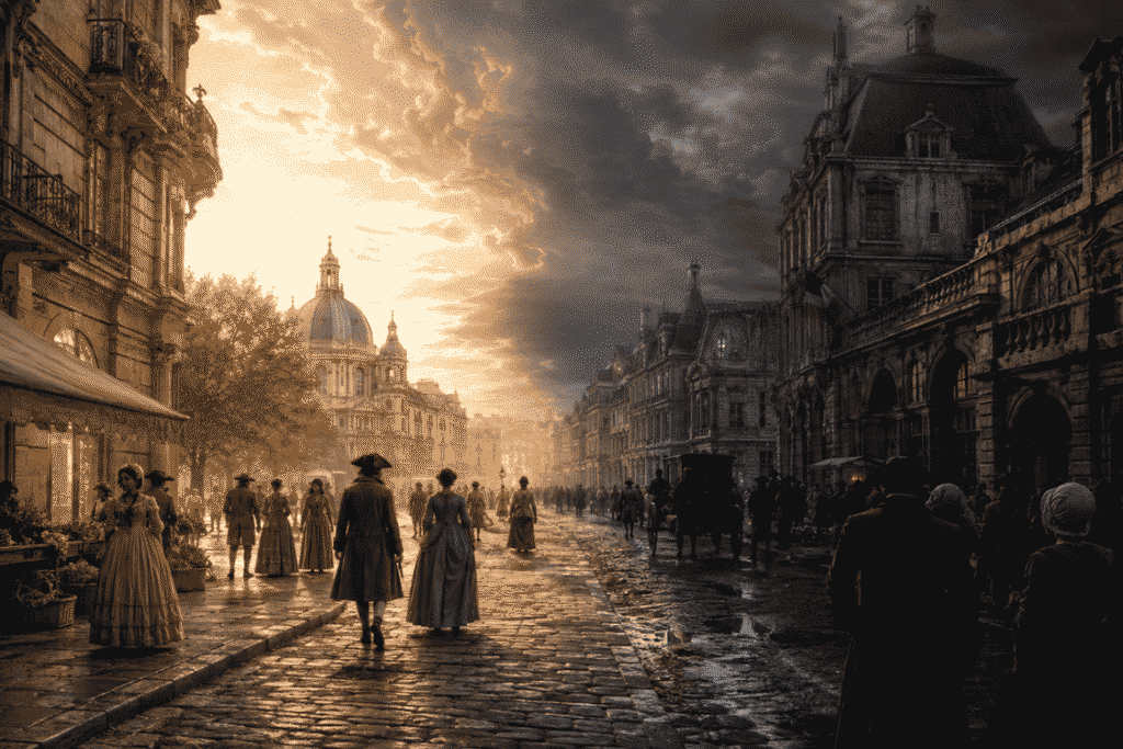 18th-century Paris street scene illustrating the meaning of “It was the best of times, it was the worst of times” from A Tale of Two Cities.