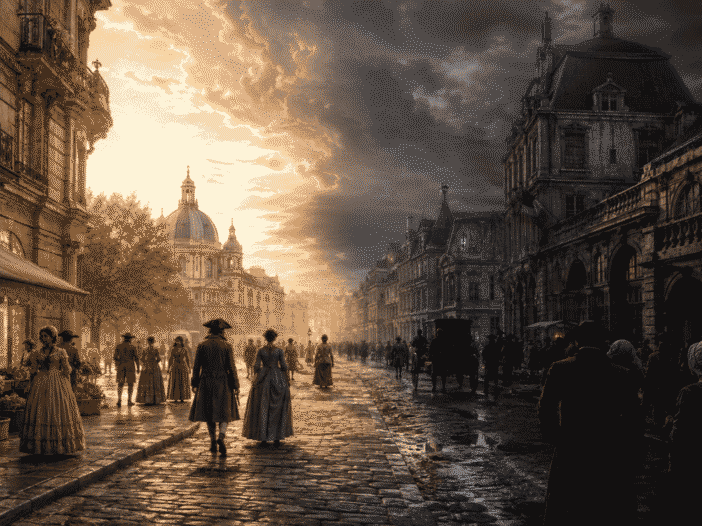 18th-century Paris street scene illustrating the meaning of “It was the best of times, it was the worst of times” from A Tale of Two Cities.