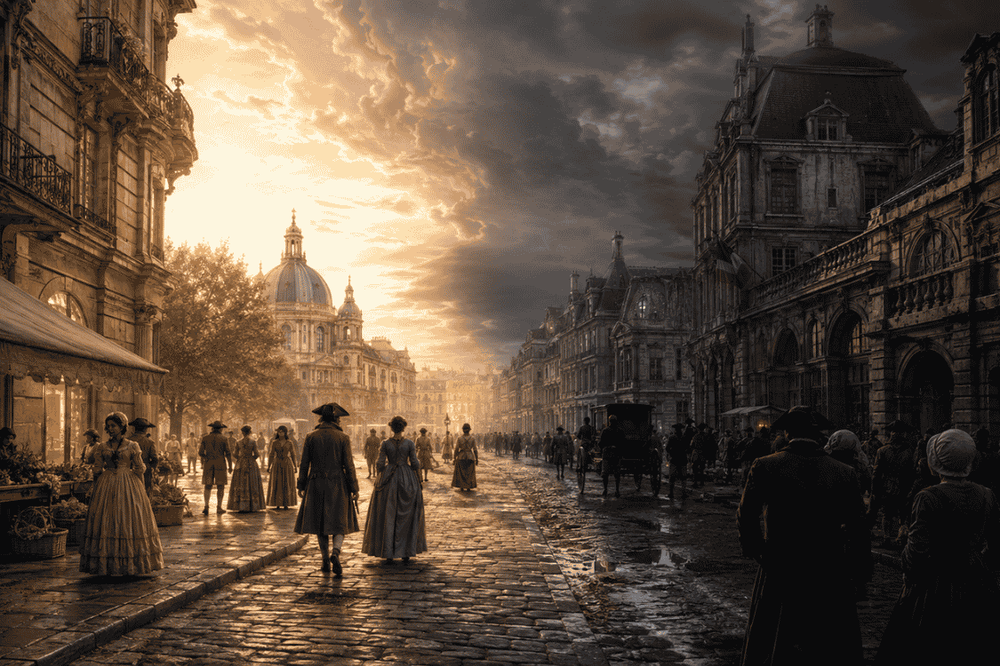 18th-century Paris street scene illustrating the meaning of “It was the best of times, it was the worst of times” from A Tale of Two Cities.
