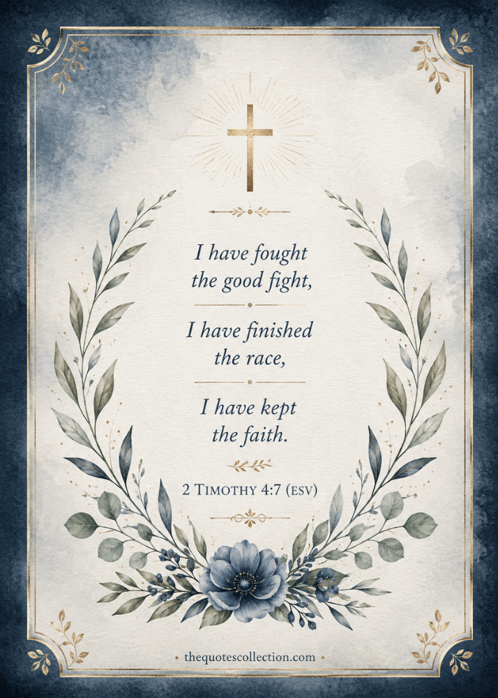 2 Timothy 4:7 ESV funeral card featuring the verse โI have fought the good fight, I have finished the race, I have kept the faithโ with blue floral accents, gold cross, and botanical border.