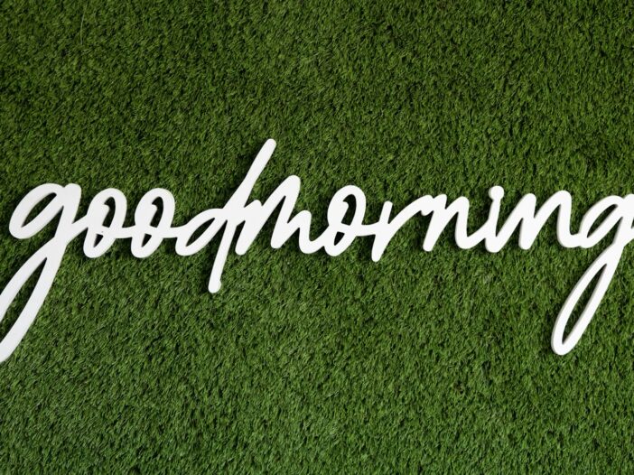 the word good morning written in white on green grass