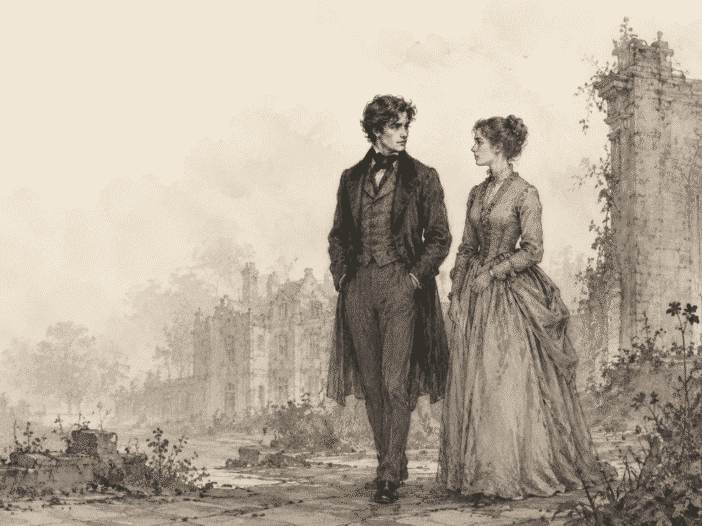 Victorian-style sketch of Pip and Estella walking together near the ruined Satis House estate.
