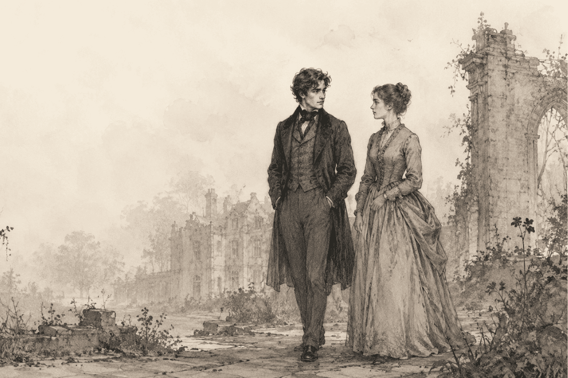 Victorian-style sketch of Pip and Estella walking together near the ruined Satis House estate.