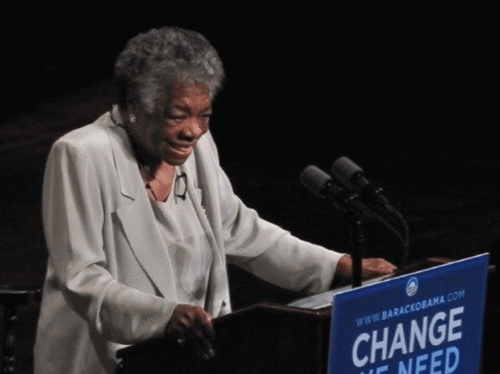 Maya Angelou, famous author and poet, speaking at a podium to share powerful Maya Angelou quotes about strength