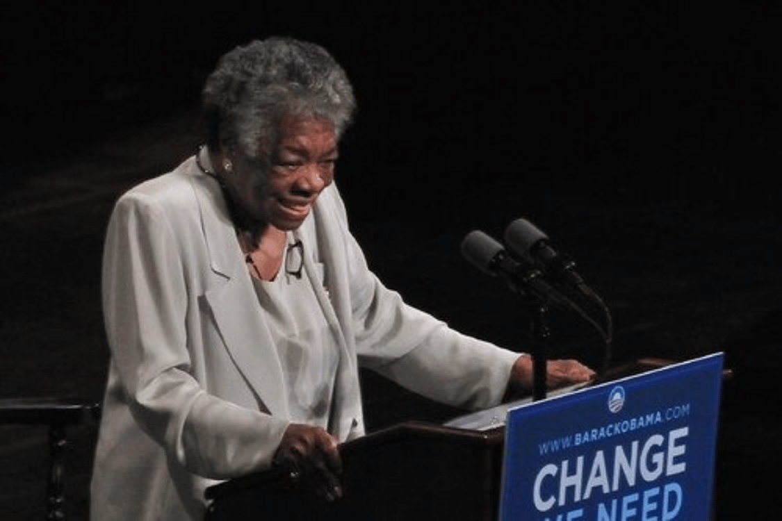 Maya Angelou, famous author and poet, speaking at a podium to share powerful Maya Angelou quotes about strength