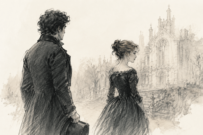 Sketch of Pip and Estella from Great Expectations book quotes article.