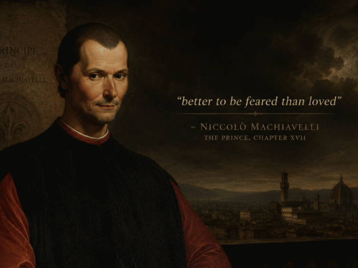 Niccolò Machiavelli beside the quote “better to be feared than loved,” illustrating the better to be feared than loved meaning from The Prince.