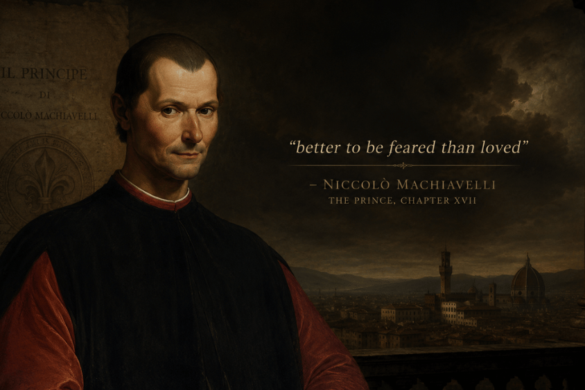 Niccolò Machiavelli beside the quote “better to be feared than loved,” illustrating the better to be feared than loved meaning from The Prince.