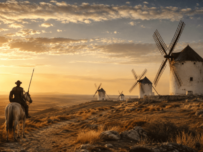 A lone rider on horseback faces traditional windmills at sunset in a Spanish landscape, illustrating the meaning of “tilting at windmills” from Don Quixote.