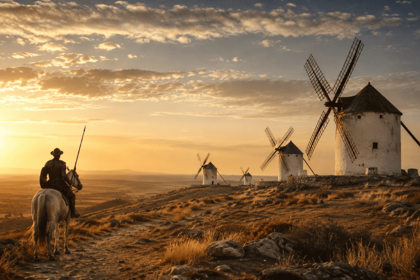 A lone rider on horseback faces traditional windmills at sunset in a Spanish landscape, illustrating the meaning of “tilting at windmills” from Don Quixote.