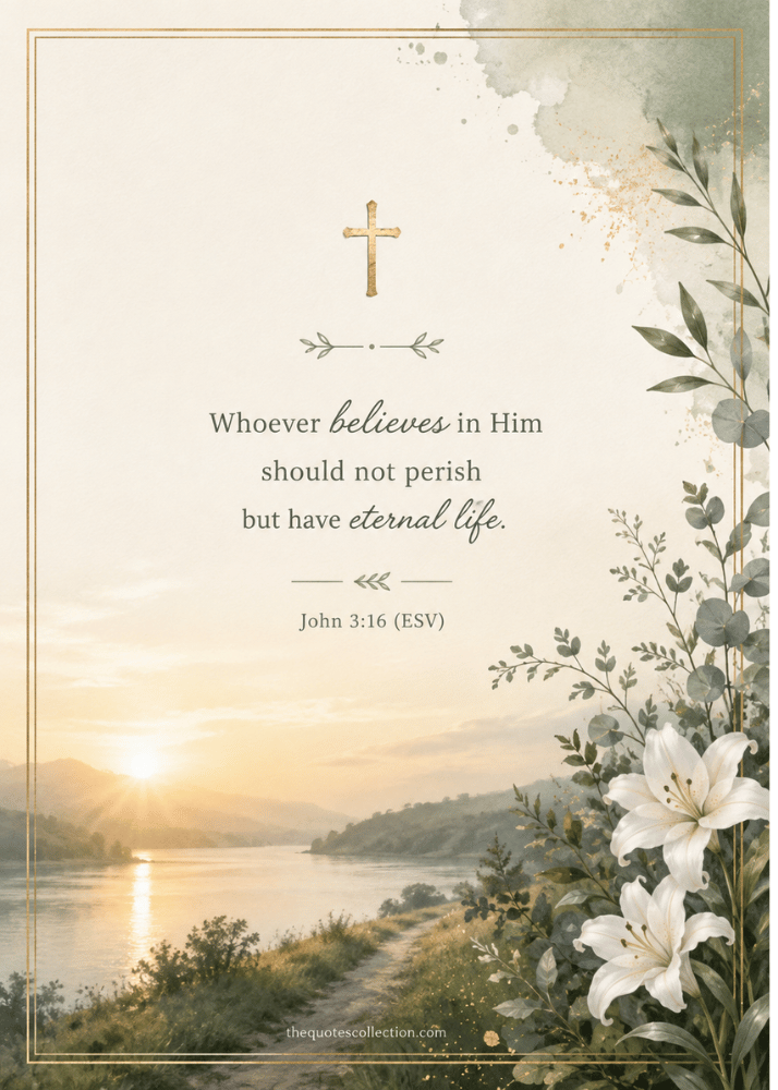 John 3:16 ESV funeral card with the words โWhoever believes in Him should not perish but have eternal lifeโ over a peaceful sunrise, white lilies, greenery, and a gold cross.