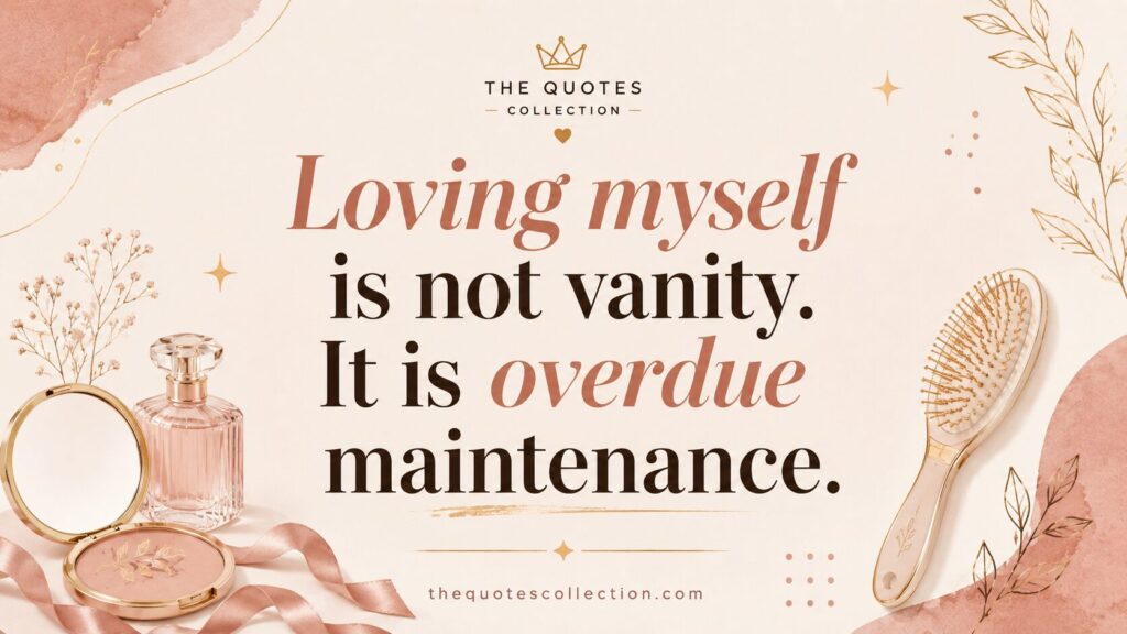 Self care quote graphic with beauty items and soft blush accents