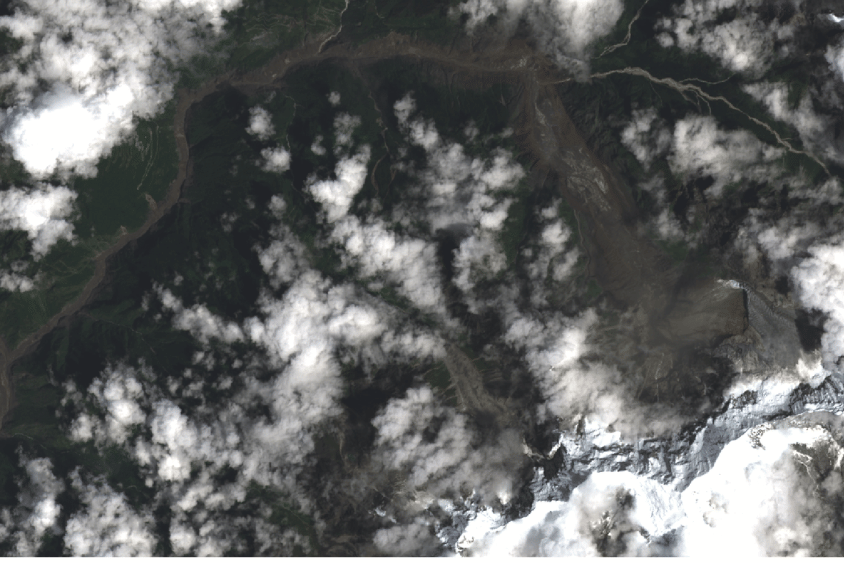 Satellite view showing the aftermath of the August 2026 Nepal-Tibet catastrophic flood.