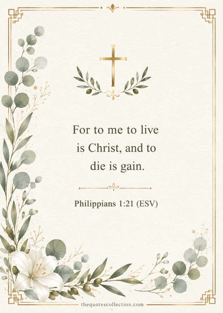 Philippians 1:21 ESV funeral card featuring the verse โFor to me to live is Christ, and to die is gainโ with sage greenery, white flowers, and gold accents.