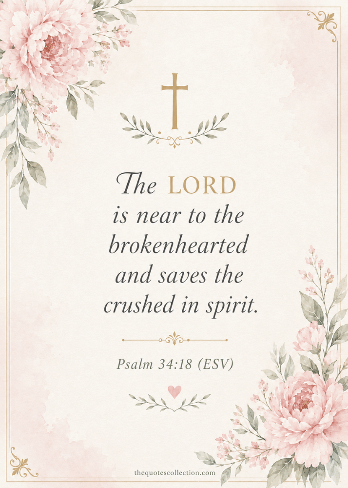 Psalm 34:18 ESV funeral card with the verse โThe LORD is near to the brokenheartedโ surrounded by soft pink flowers and a gold cross.