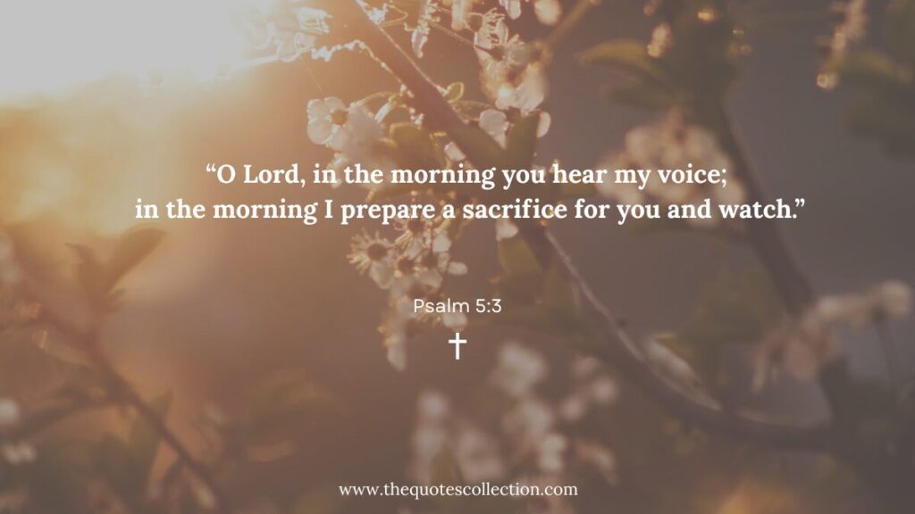 Psalm 5:3 morning prayer verse over sunlit flowering branches.