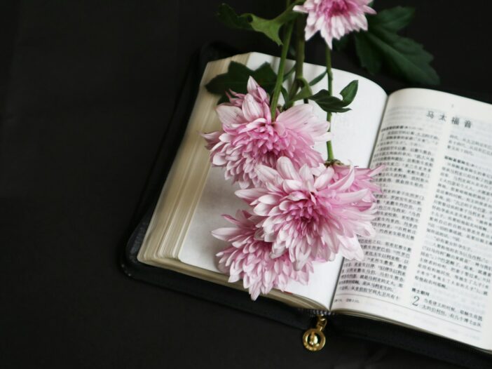 Open Bible with pink flowers representing short Bible verses for funeral cards, memorials, and messages of comfort.