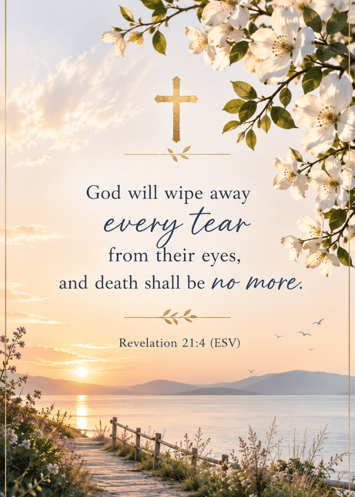 Revelation 21:4 ESV funeral card with the words โGod will wipe away every tear from their eyes, and death shall be no moreโ over a peaceful sunrise, flowering branches, and a gold cross.