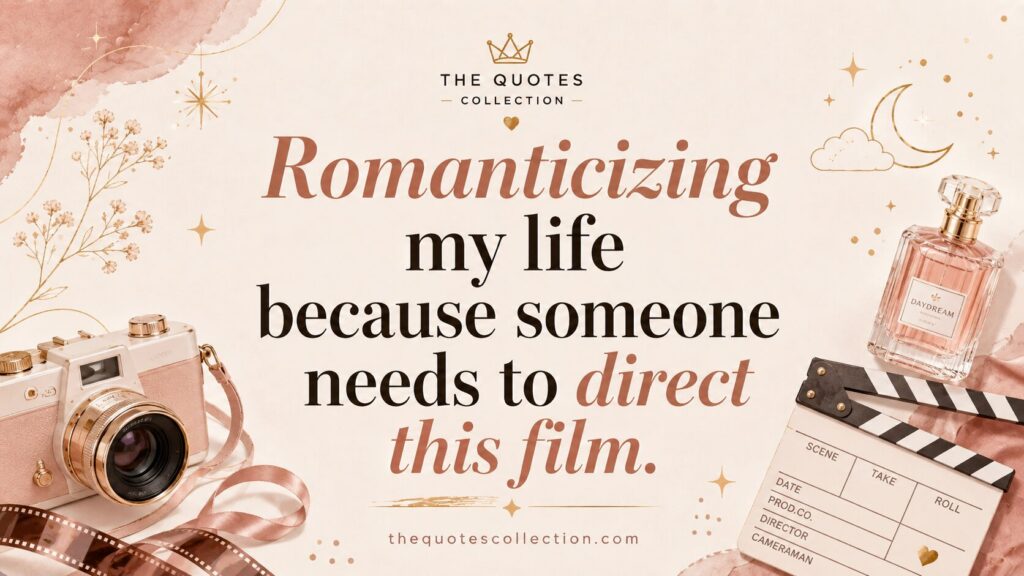 Romantic self love quote graphic with camera, film, and dreamy accents