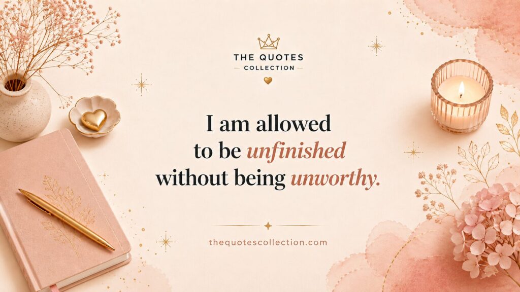 Gentle self acceptance quote graphic with journal, candle, and flowers