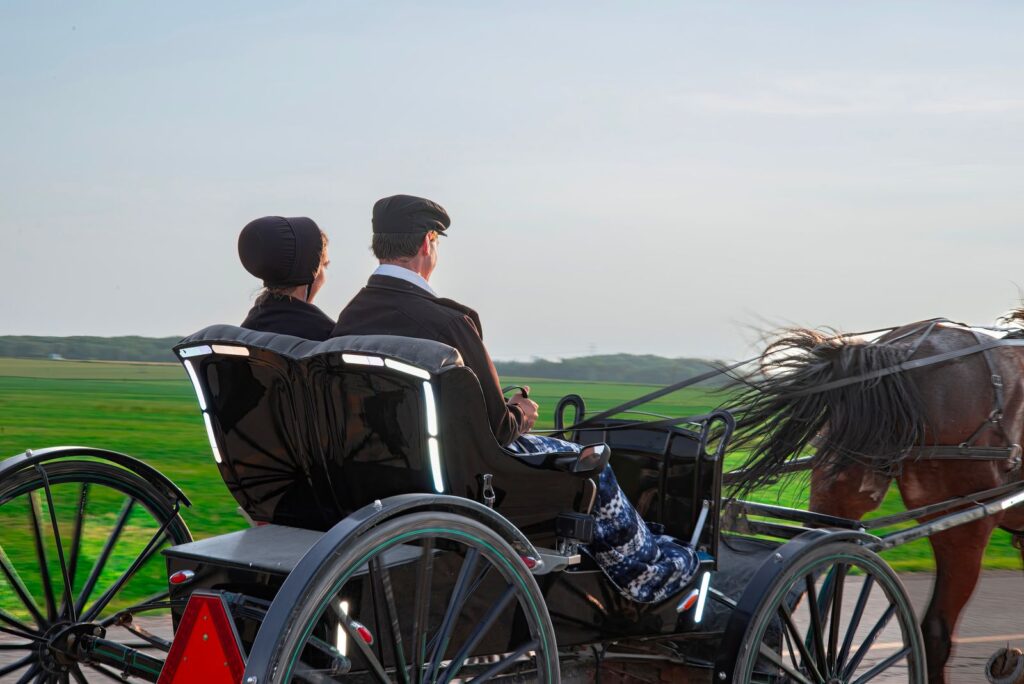Horse-drawn carriage with two passengers in the countryside for an article about “Barkis is willing” in David Copperfield.