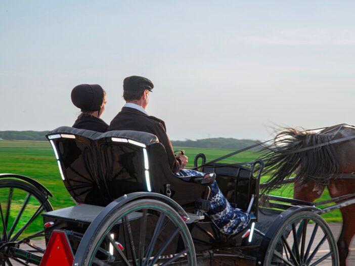 Horse-drawn carriage with two passengers in the countryside for an article about “Barkis is willing” in David Copperfield.