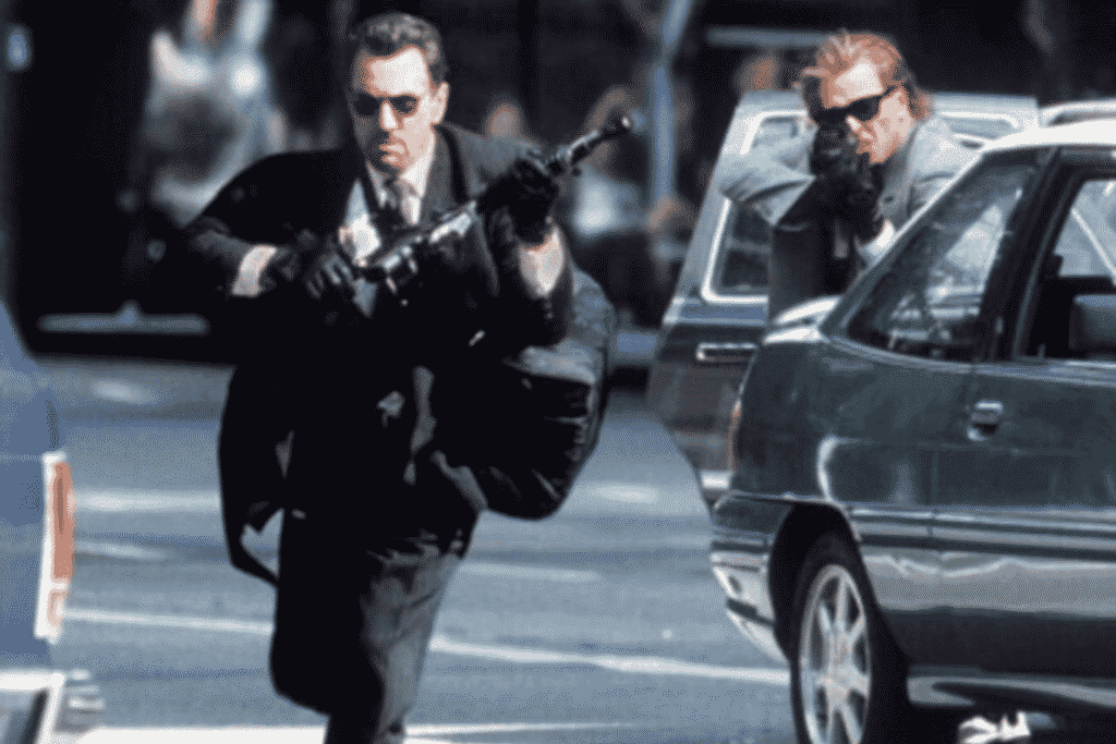 Robert De Niro and Val Kilmer during the downtown shootout in Heat