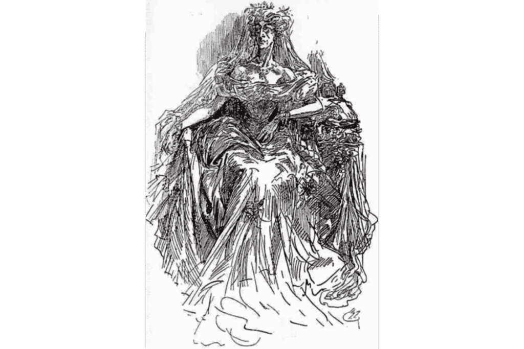 Illustration of Miss Havisham in her wedding dress from Charles Dickens’s Great Expectations.