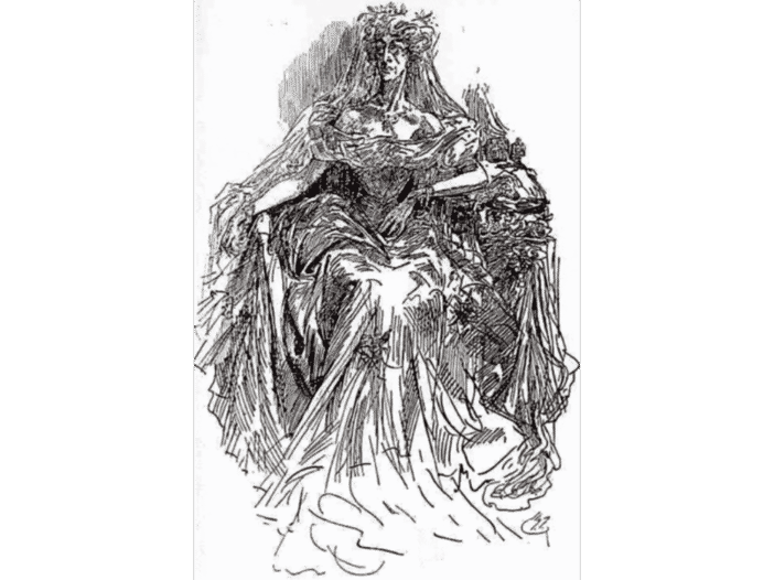 Illustration of Miss Havisham in her wedding dress from Charles Dickens’s Great Expectations.