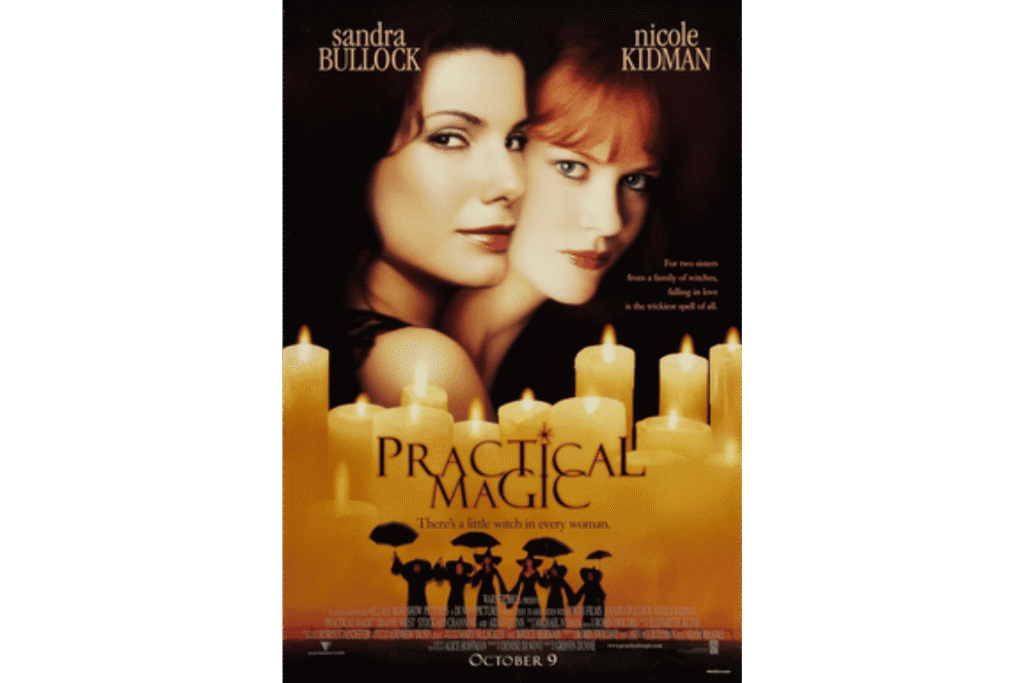 Practical Magic movie poster featuring Sandra Bullock and Nicole Kidman surrounded by candles.