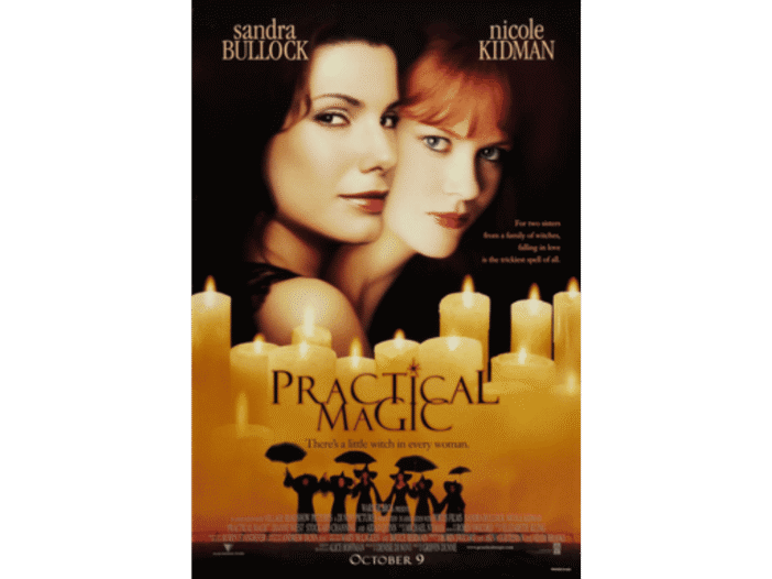 Practical Magic movie poster featuring Sandra Bullock and Nicole Kidman surrounded by candles.