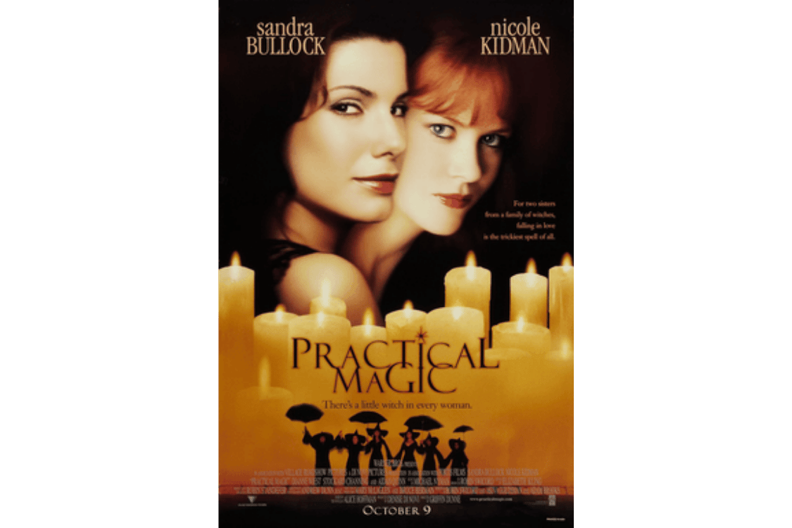 Practical Magic movie poster featuring Sandra Bullock and Nicole Kidman surrounded by candles.